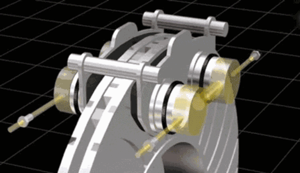 大致原理是这样的:"刹车卡钳夹紧其中的刹车片,刹车片夹紧刹车盘,摩擦